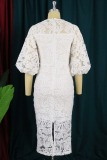 White Fashion Casual Solid Patchwork See-through O Neck Long Sleeve Dresses