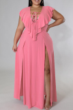 Pink Fashion Casual Plus Size Solid Hollowed Out Slit V Neck Long Dress