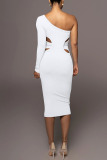 White Sexy Solid Patchwork Oblique Collar One Step Skirt Dresses