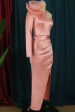 Pink Elegant Solid Patchwork Appliques Slit O Neck Dresses