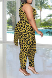 Yellow Casual Print Bandage Patchwork Asymmetrical O Neck Plus Size Two Pieces