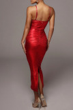 Red Sexy Solid Patchwork Fold Spaghetti Strap One Step Skirt Dresses