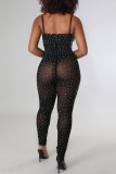 Black Fashion Sexy Patchwork Hot Drilling See-through Backless Spaghetti Strap Skinny Jumpsuits