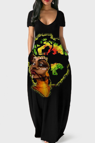 Black Flag Stars Print V Neck Colorblock Short Sleeve Floor Length Long Loose Maxi Dress