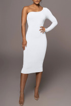 White Sexy Solid Patchwork Oblique Collar One Step Skirt Dresses