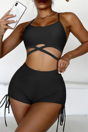 Black Fashion Sexy Solid Frenulum Backless Swimwears (With Paddings)