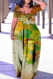 Apricot Fashion Casual Plus Size Print Patchwork V Neck Short Sleeve Dress