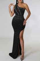 Black Sexy Patchwork See-through Backless Slit One Shoulder Evening Dress