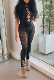 Black Sexy Solid Hollowed Out Patchwork See-through Hot Drill O Neck Skinny Jumpsuits