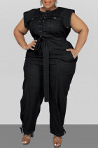 Black Fashion Casual Solid With Belt O Neck Plus Size Jumpsuits