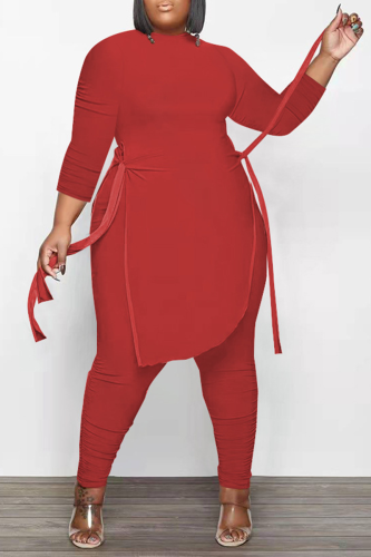 Red Casual Solid Patchwork Half A Turtleneck Plus Size Two Pieces