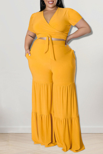 Yellow Casual Solid Bandage Patchwork V Neck Plus Size Two Pieces