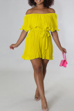 Yellow Casual Solid Patchwork Fold Off the Shoulder Straight Rompers