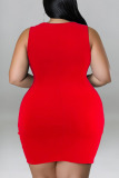 Red Casual Solid Patchwork Hot Drill O Neck Vest Dress Plus Size Dresses