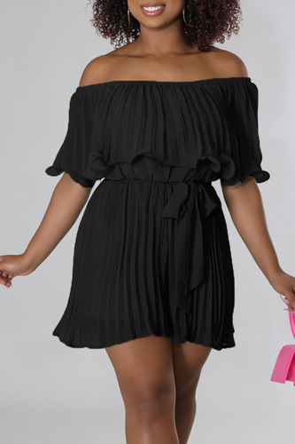 Black Casual Solid Patchwork Fold Off the Shoulder Straight Rompers