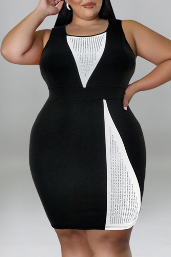 Black Casual Solid Patchwork Hot Drill O Neck Vest Dress Plus Size Dresses