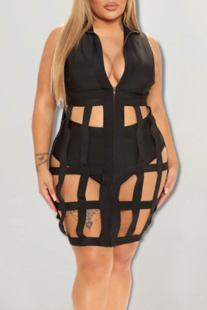 Black Sexy Solid Hollowed Out Patchwork Zipper Turndown Collar Plus Size Two Pieces