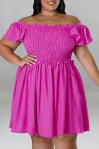 Rose Red Casual Sweet Solid Patchwork Fold Off the Shoulder A Line Plus Size Dresses