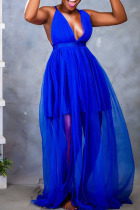 Blue Fashion Sexy Solid Patchwork Backless V Neck Sling Dress