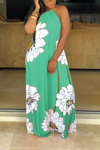 Light Green Sexy Fashion Tank Sleeveless O neck A-Line Floor-Length Print Patchwork 