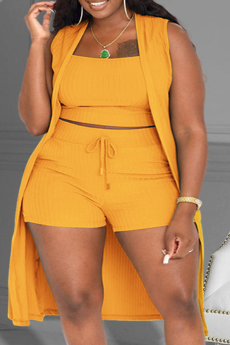 Yellow Casual Solid Patchwork U Neck Plus Size Three Pieces