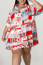 Red Casual Print Patchwork Buckle Turndown Collar A Line Plus Size Dresses