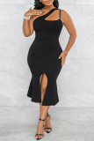 Black Fashion Sexy Solid Hollowed Out Backless Slit One Shoulder Evening Dress