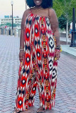 Red Casual Print Patchwork Asymmetrical Collar Plus Size Jumpsuits