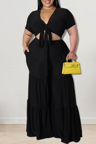 Black Casual Solid Bandage Patchwork V Neck Plus Size Two Pieces