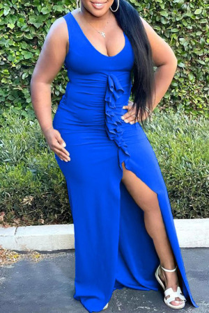 Blue Sexy Solid Slit Fold Stringy Selvedge U Neck Asymmetrical Dresses