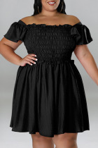 Black Casual Sweet Solid Patchwork Fold Off the Shoulder A Line Plus Size Dresses
