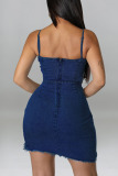 Deep Blue Sexy Solid Rivets Patchwork Asymmetrical Spaghetti Strap Sleeveless Regular Denim Dresses