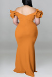 Yellow Sexy Solid Patchwork V Neck Evening Dress Plus Size Dresses