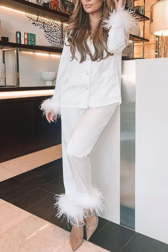 White Casual Print Patchwork Buckle Feathers Turn-back Collar Long Sleeve Two Pieces