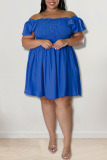Blue Casual Sweet Solid Patchwork Fold Off the Shoulder A Line Plus Size Dresses