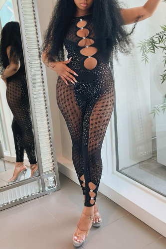 Black Sexy Solid Hollowed Out Patchwork See-through Hot Drill O Neck Skinny Jumpsuits