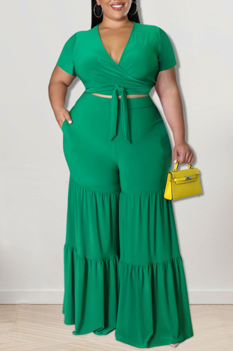 Green Casual Solid Bandage Patchwork V Neck Plus Size Two Pieces