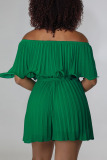 Green Casual Solid Patchwork Fold Off the Shoulder Straight Rompers