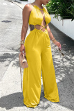 Yellow Sexy Casual Solid Bandage Hollowed Out O Neck Regular Jumpsuits