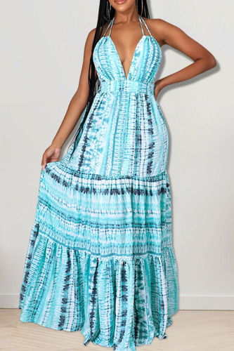 Sky Blue Sexy Print Patchwork Backless Halter Straight Dresses