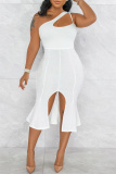 White Fashion Sexy Solid Hollowed Out Backless Slit One Shoulder Evening Dress