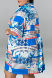 Blue Casual Print Patchwork Buckle Turndown Collar A Line Plus Size Dresses