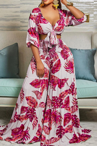 Rose Red Fashion Casual Print Basic V Neck Three Quarter Two Pieces