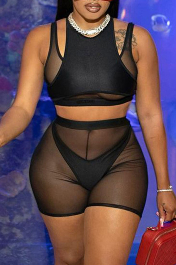 Black Sexy Solid Patchwork See-through Two Pieces