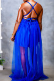 Blue Fashion Sexy Solid Patchwork Backless V Neck Sling Dress