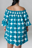 Lake Blue Casual Print Polka Dot Patchwork Off the Shoulder Plus Size Dresses