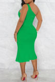 Green Fashion Sexy Solid Hollowed Out Backless Slit One Shoulder Evening Dress
