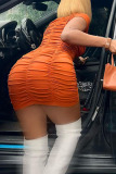 Orange Fashion Casual Solid Fold Turndown Collar Short Sleeve Dress