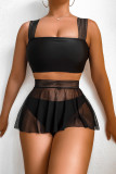 Black Fashion Sexy Solid Patchwork See-through Backless Swimwears Three-piece Set (With Paddings)