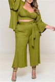 Green Fashion Casual Solid Patchwork V Neck Plus Size Three-piece Set
